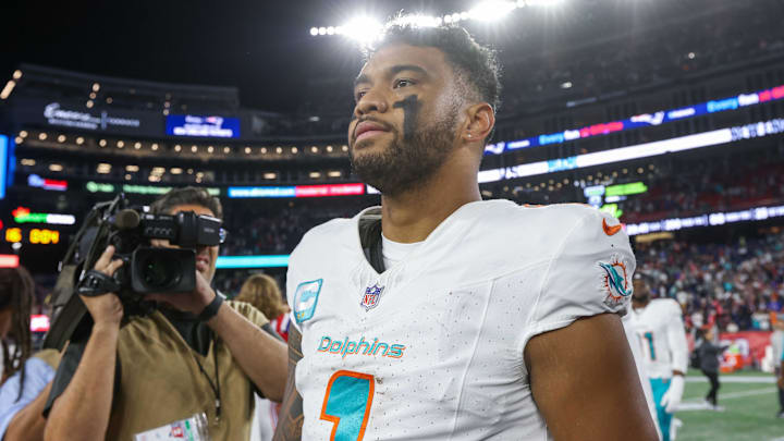 Sep 17, 2023; Foxborough, Massachusetts, USA; Miami Dolphins quarterback Tua Tagovailoa (1) reacts