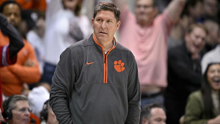 Feb 22, 2025; Dallas, Texas, USA; Clemson Tigers head coach Brad Brownell looks on during the game between the SMU Mustangs and the Clemson Tigers at Moody Coliseum. 