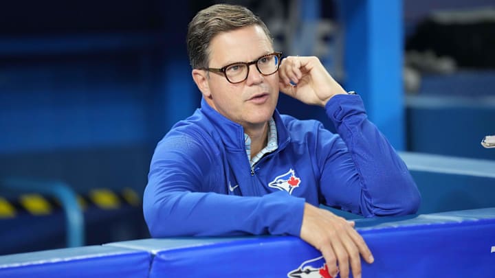 Jun 28, 2023; Toronto, Ontario, CAN; Toronto Blue Jays general manager Ross Atkins talks with the media during batting practice  against the San Francisco Giants at Rogers Centre. Mandatory Credit: Nick Turchiaro-Imagn Images