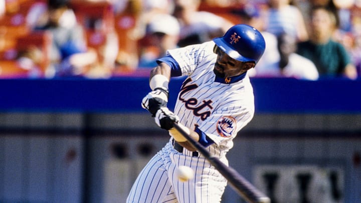 1996, Flushing, New York, USA; FILE PHOTO; New York Mets outfielder Lance Johnson in action at the plate at Shea Stadium during the 1996 season. Mandatory Credit: RVR Photos-Imagn Images