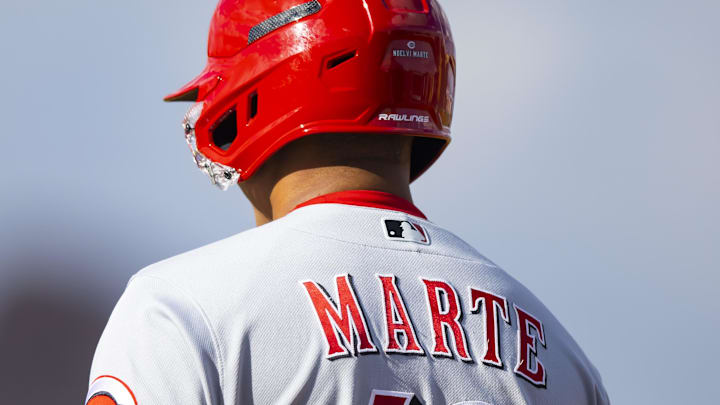 Detailed view of the jersey of Cincinnati Reds infielder Noelvi Marte