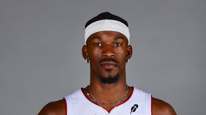 Sep 30, 2024; Miami, FL, USA; Miami Heat forward Jimmy Butler (22) poses for a photo during media day at Kaseya Center Sep 30, 2024; Miami, FL, USA; Miami Heat forward Jimmy Butler (22) poses for a photo during media day at Kaseya Center