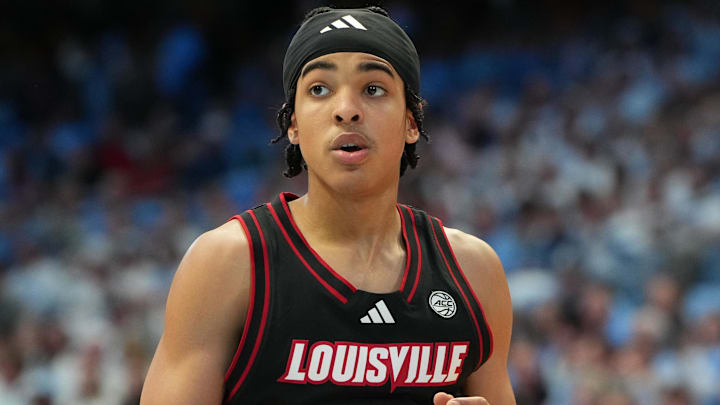 Feb 23, 2026; Chapel Hill, North Carolina, USA; Louisville Cardinals guard Mikel Brown Jr. (0) on the court in the second half at Dean E. Smith Center. Mandatory Credit: Bob Donnan-Imagn Images