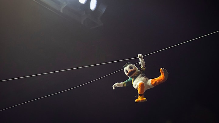 The Duck descends from the roof of Autzen Stadium as the No. 6 Oregon Ducks take on the No. 16