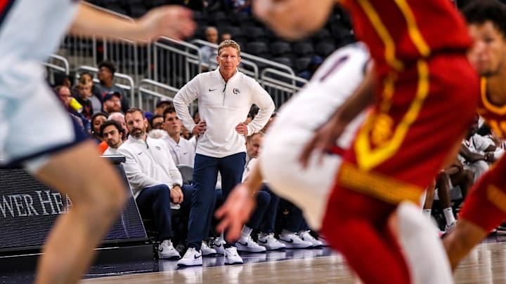 Gonzaga Bulldogs head coach Mark Few watches his team from the bench during the second half of their exhibition game at Acrisure Arena in Palm Desert, Calif., Saturday, Oct. 26, 2024.