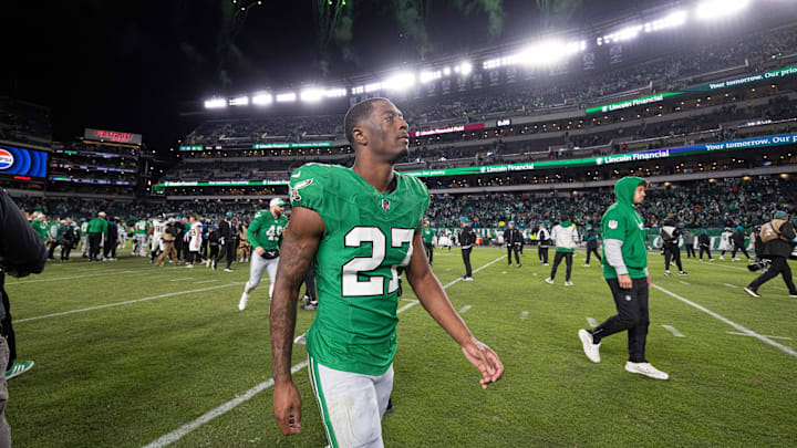 Nov 3, 2024; Philadelphia, Pennsylvania, USA; Philadelphia Eagles cornerback Quinyon Mitchell (27) walks off the field after a victory against the Jacksonville Jaguars at Lincoln Financial Field. Mandatory Credit: Bill Streicher-Imagn Images
