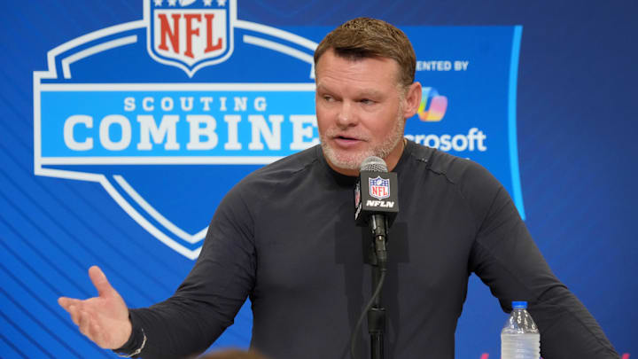 Feb 25, 2025; Indianapolis, IN, USA; Indianapolis Colts general manager Chris Ballard speaks during the NFL Scouting Combine at the Indiana Convention Center. Mandatory Credit: Kirby Lee-Imagn Images