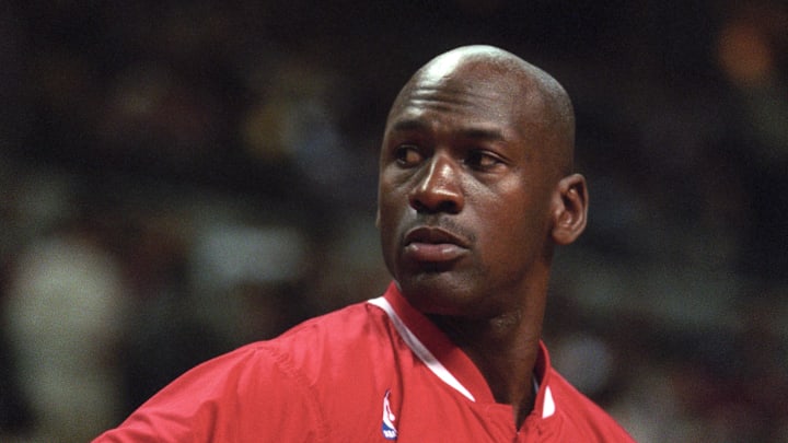 Feb 15, 1996;  Auburn Hills MI, USA; FILE PHOTO; Chicago Bulls guard Michael Jordan (23) prior to the game against the Detroit Pistons at the Palace at  Auburn Hills. The Bulls beat the Pistons 112-109 in overtime. Mandatory Credit: Matthew Emmons-Imagn Images