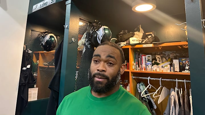 Philadelphia Eagles defensive lineman Brandon Graham talks at his locker and feels he could be ready to go in Super Bowl LIX despite tearing a triceps on Nov. 24.