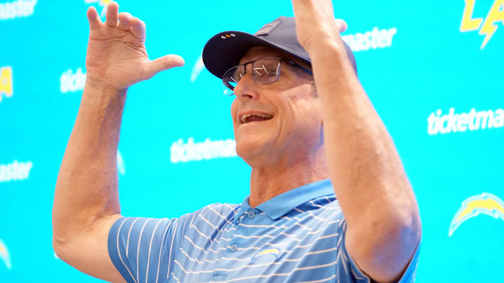 Los Angeles Chargers coach Jim Harbaugh at press conference during training camp at The Bolt.
