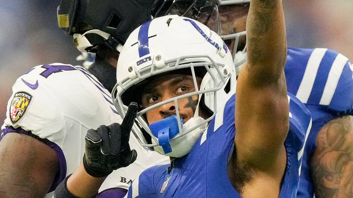 Indianapolis Colts wide receiver Josh Downs (2) celebrates a first down Sunday, Sept. 13, 2026, during a game against the Baltimore Ravens at Lucas Oil Stadium in Indianapolis.