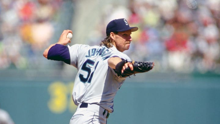 Seattle Mariners pitcher Randy Johnson in action against the Oakland Athletics at the Oakland Coliseum. 