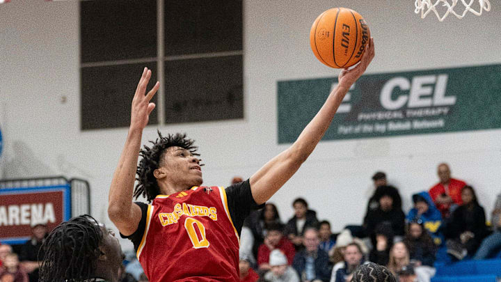Feb 21, 2025; Hackensack, NJ, USA; St. Joseph vs. Bergen Catholic in the 68th Bergen County Jamboree boys basketball championship at Fairleigh Dickinson. BC #0 Julius Avent drives to the basket. Feb 21, 2025; Hackensack, NJ, USA; St. Joseph vs. Bergen Catholic in the 68th Bergen County Jamboree boys basketball championship at Fairleigh Dickinson. BC #0 Julius Avent drives to the basket.