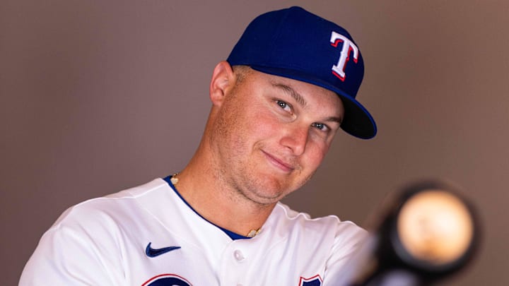 Feb 17, 2026; Surprise, AZ, USA; Texas Rangers designated hitter Joc Pederson during media day at Surprise Sports Complex. Mandatory Credit: Arianna Grainey-Imagn Images