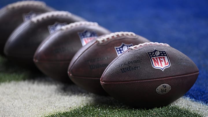 Dec 22, 2024; Indianapolis, Indiana, USA; Tennessee Titans footballs sit near the end zone before the game against the Indianapolis Colts at Lucas Oil Stadium. Mandatory Credit: Marc Lebryk-Imagn Images