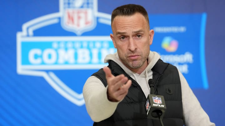 Miami Dolphins coach Jeff Hafley speaks at the NFL Scouting Combine at the Indiana Convention Center.