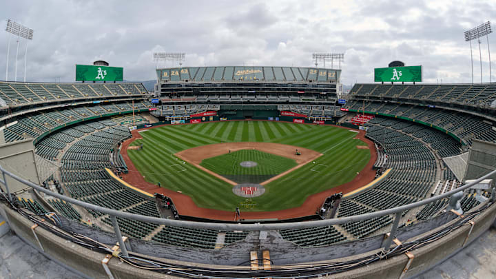 Aug 24, 2024; Oakland, California, USA; A general view of Oakland-Alameda County Coliseum as seen from fan seating section 317 before a major league baseball game between the Oakland Athletics and the Milwaukee Brewers. Mandatory Credit: Robert Edwards-Imagn Images