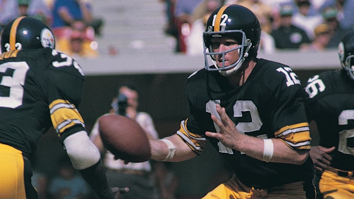 Sep 20, 1970; Pittsburgh, PA, USA; FILE PHOTO; Pittsburgh Steelers quarterback Terry Bradshaw (12) in action against the Houston Oilers during his rookie year at Three Rivers Stadium. The Oilers beat the Steelers 19-7. Mandatory Credit: Malcolm Emmons-Imagn Images