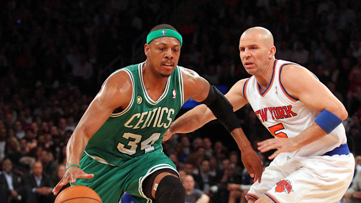 May 1, 2013; New York, NY, USA; Boston Celtics forward Paul Pierce (34) controls the ball in front of New York Knicks guard Jason Kidd (5) during the first quarter of game five of the first round of the 2013 NBA Playoffs at Madison Square Garden. Mandatory Credit: Brad Penner-Imagn Images