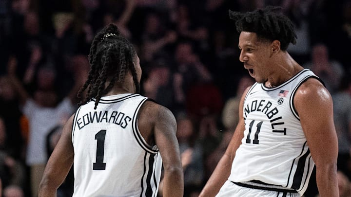 Vanderbilt Commodores guard AJ Hoggard (11) and guard Jason Edwards (1) celebrate at mid court against the Tennessee Volunteers during their game at Memorial Gym in Nashville, Tenn., Saturday, Jan. 18, 2025.