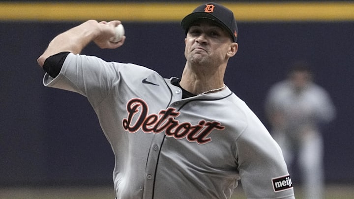 Apr 15, 2025; Milwaukee, Wisconsin, USA; Detroit Tigers pitcher Jack Flaherty (9) delivers a pitch against Milwaukee Brewers in the first inning at American Family Field.