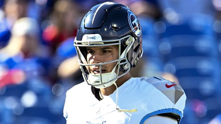 Oct 20, 2024; Orchard Park, New York, USA; Tennessee Titans quarterback Mason Rudolph (11) warms up before a game against the Buffalo Bills at Highmark Stadium. Mandatory Credit: Mark Konezny-Imagn Images