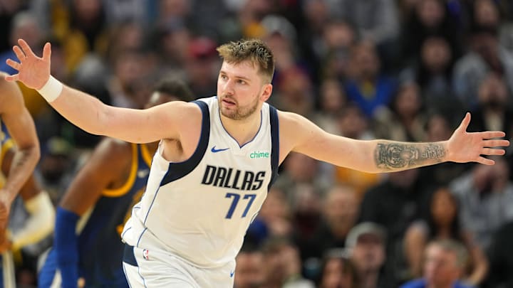 Dec 15, 2024; San Francisco, California, USA; Dallas Mavericks guard Luka Doncic (77) gestures after scoring against the Golden State Warriors during the fourth quarter at Chase Center. Mandatory Credit: Darren Yamashita-Imagn Images