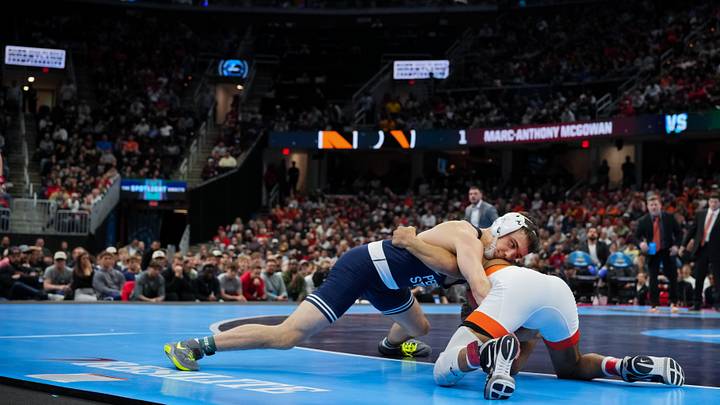 Penn State Nittany Lions wrestler Luke Lilledahl competes against Princeton Tigers Marc-Anthony McGowan during the NCAA Wrestling Championship at Rocket Arena.