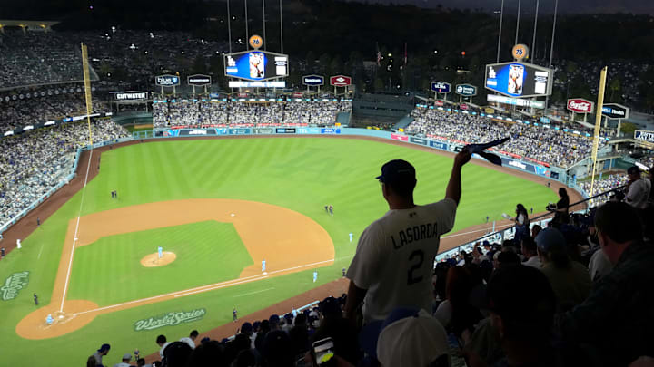 Oct 29, 2025; Los Angeles, California, USA; General view as fans cheer during the fourth inning game five of the 2025 MLB World Series between the Toronto Blue Jays and the Los Angeles Dodgers at Dodger Stadium. Mandatory Credit: Kirby Lee-Imagn Images