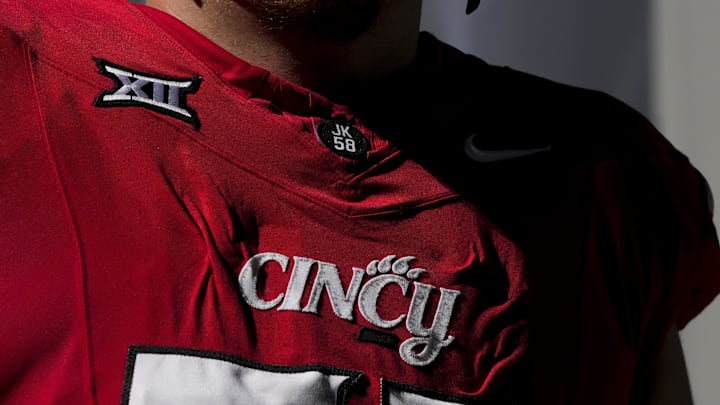 Oct 11, 2025; Cincinnati, Ohio, USA; The Cincinnati logo is seen on a player’s jersey before the game between the UCF Knights and the Cincinnati Bearcats at Nippert Stadium. Mandatory Credit: Aaron Doster-Imagn Images