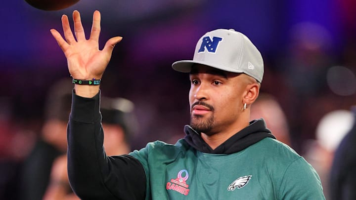 Feb 1, 2024; Orlando, FL, USA;  Philadelphia Eagles quarterback Jalen Hurts (1) participates in the