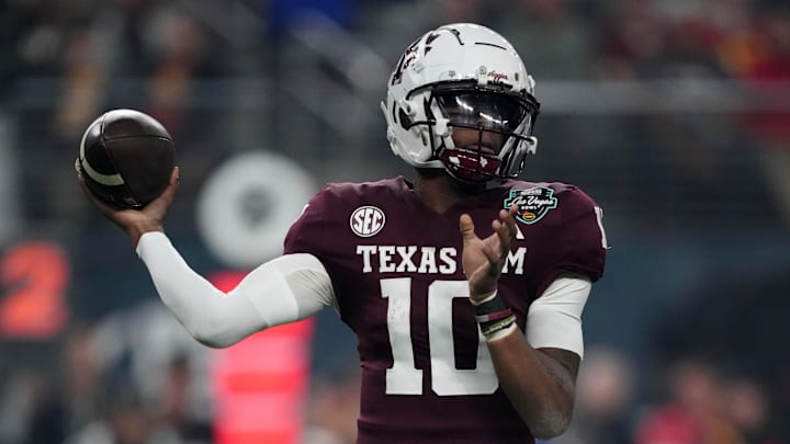 Dec 27, 2024; Las Vegas, NV, USA; Texas A&M Aggies quarterback Marcel Reed (10) throws the ball against the Southern California Trojans in the first half at Allegiant Stadium. Mandatory Credit: Kirby Lee-Imagn Images