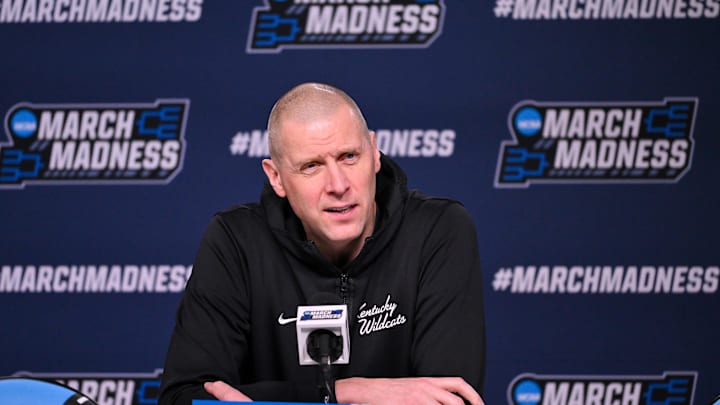 Mar 19, 2026; St. Louis, MO, USA; Kentucky Wildcats head coach Mark Pope talks with the media during a practice session ahead of the first round of the men's 2026 NCAA Tournament at Enterprise Center. Mandatory Credit: Jeff Curry-Imagn Images