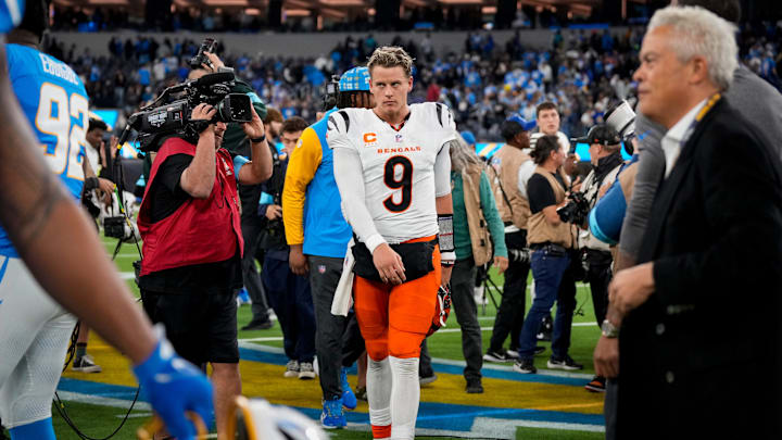 Cincinnati Bengals quarterback Joe Burrow (9) walks for the locker room after the fourth quarter of the NFL Week 11 game between the Los Angeles Chargers and the Cincinnati Bengals at SoFi Stadium in Inglewood, Calif., on Sunday, Nov. 17, 2024. The Chargers won 34-27.