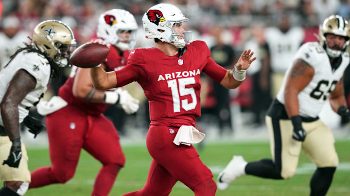 Aug 10, 2024; Glendale, Arizona, USA; Arizona Cardinals quarterback Clayton Tune (15) throws against the New Orleans Saints during the second half at State Farm Stadium. Mandatory Credit: Joe Camporeale-USA TODAY Sports Aug 10, 2024; Glendale, Arizona, USA; Arizona Cardinals quarterback Clayton Tune (15) throws against the New Orleans Saints during the second half at State Farm Stadium. Mandatory Credit: Joe Camporeale-USA TODAY Sports