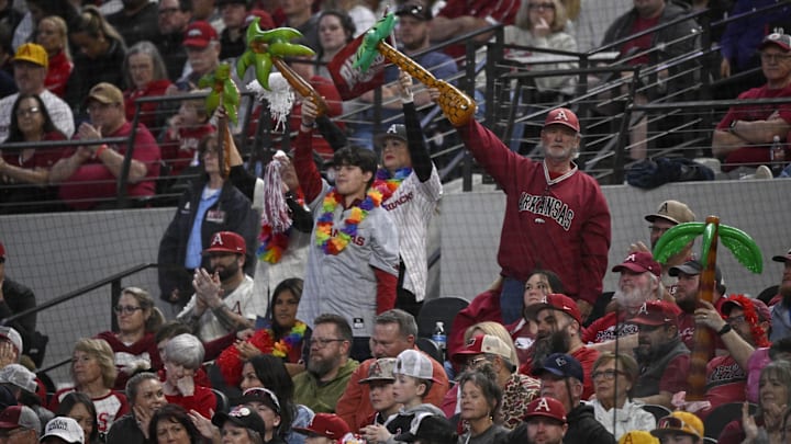 Feb 23, 2025; Arlington, TX, USA; The Michigan Wolverines play the Arkansas Razorbacks during the Amegy Bank College Baseball Series presented by Kubota Weekend 2 at Globe Life Field. Mandatory Credit: Jerome Miron-Imagn Images