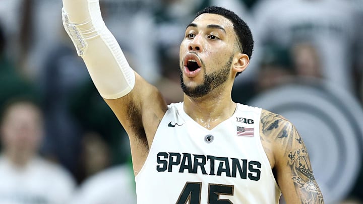 Mar 5, 2016; East Lansing, MI, USA; Michigan State Spartans guard Denzel Valentine (45) brings the ball up court during the second half of a game against the Ohio State Buckeyes at Jack Breslin Student Events Center. Mandatory Credit: Mike Carter-Imagn Images Mar 5, 2016; East Lansing, MI, USA; Michigan State Spartans guard Denzel Valentine (45) brings the ball up court during the second half of a game against the Ohio State Buckeyes at Jack Breslin Student Events Center. Mandatory Credit: Mike Carter-Imagn Images