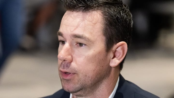 Mar 31, 2026; Phoenix, AZ, USA; Las Vegas Raiders head coach Klint Kubiak during the 2026 NFL Annual League Meeting at the Arizona Biltmore. Mandatory Credit: Mark J. Rebilas-Imagn Images