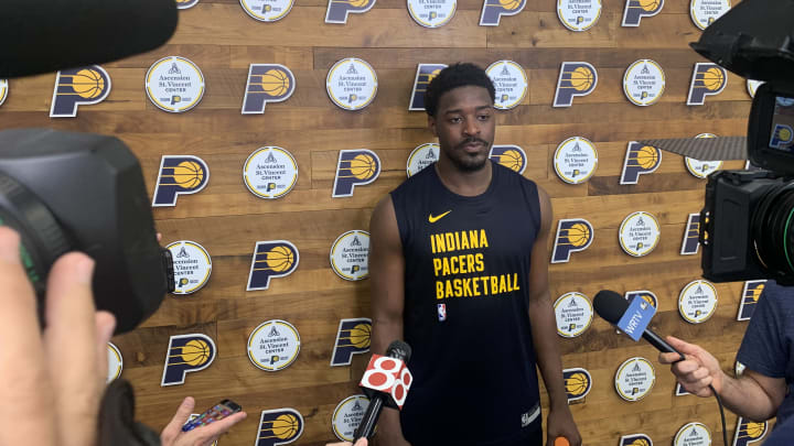 Indiana Hoosiers guard Xavier Johnson speaks to the media after a pre-draft workout with the Indiana Pacers on June 13, 2024. (Mandatory photo credit: Pacers on SI)