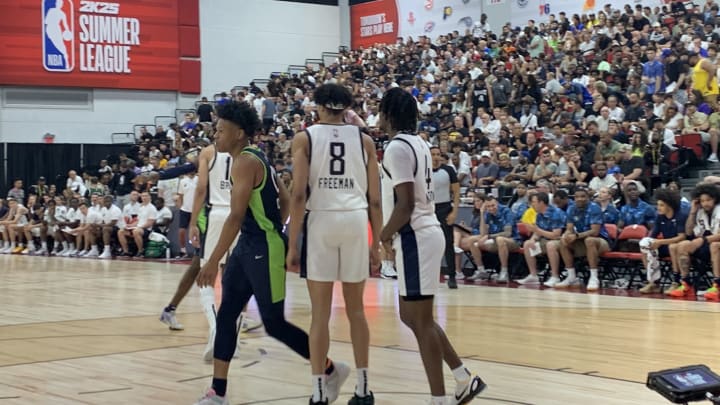 Indiana Pacers players get ready for action to resume in a 2024 summer league game. (Mandatory Photo Credit: Tony East)