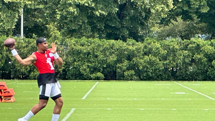 Jalen Hurts warms up during Day 2 of the Philadelphia Eagles mandatory minicamp on June 5, 2024 Jalen Hurts warms up during Day 2 of the Philadelphia Eagles mandatory minicamp on June 5, 2024