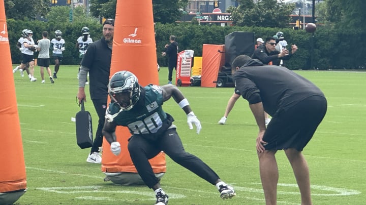 Parris Campbell goes through a drill during the final day of the Philadelphia Eagles' mandatory minicamp on June 6, 2024 Parris Campbell goes through a drill during the final day of the Philadelphia Eagles' mandatory minicamp on June 6, 2024