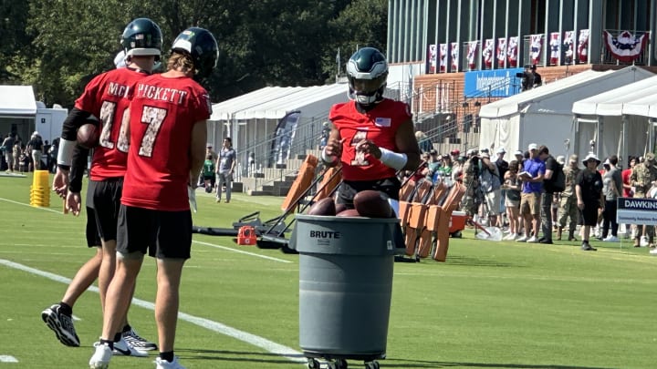 Jalen Hurts (right) and Eagles quarterbacks at training camp on Day 3. Jalen Hurts (right) and Eagles quarterbacks at training camp on Day 3.