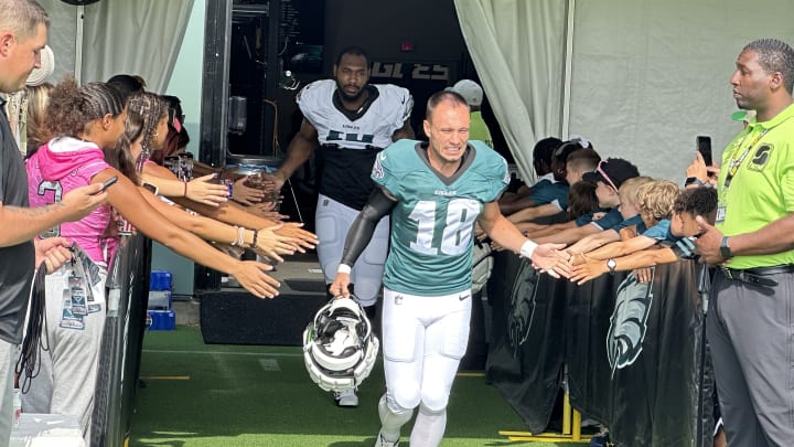 Eagles receiver/punt returner Britain Covey takes the field for a training camp practice. Eagles receiver/punt returner Britain Covey takes the field for a training camp practice.