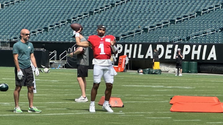 Eagles quarterback Jalen Hurts warms up for practice at Lincon Financial Field. Eagles quarterback Jalen Hurts warms up for practice at Lincon Financial Field.