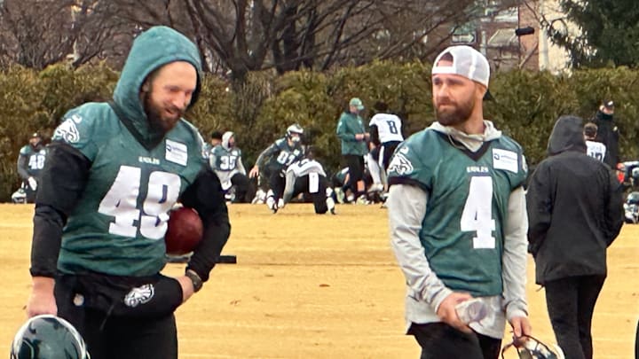 Long snapper Rick Lovato (left) and kicker Jake Elliott get ready to practice during Week 15. Long snapper Rick Lovato (left) and kicker Jake Elliott get ready to practice during Week 15.