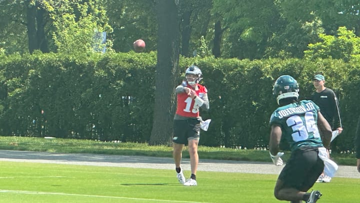 Quarterback Kyle McCord fires a pass to undrafted free agent running back Montrell Johnson during the Eagles' rookie mincamp. Quarterback Kyle McCord fires a pass to undrafted free agent running back Montrell Johnson during the Eagles' rookie mincamp.