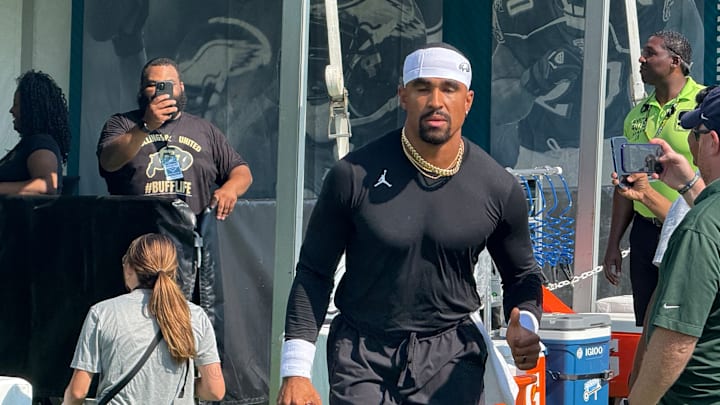 Eagles quarterback and Super Bowl LIX MVP Jalen Hurts takes the field for training camp. Eagles quarterback and Super Bowl LIX MVP Jalen Hurts takes the field for training camp.