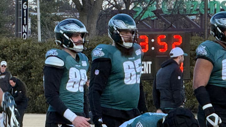 Eagles tight end Dallas Goedert (left) and right tackle Lane Johnson were at practice on Wednesday as the team prepare to host the San Francisco 49ers in Sunday's wildcard playoff game.