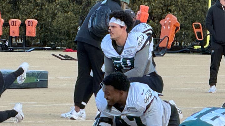 Eagles defensive end Jaelan Phillips was at practice to prepare for the playoff visit by the San Francisco 49ers. Eagles defensive end Jaelan Phillips was at practice to prepare for the playoff visit by the San Francisco 49ers.